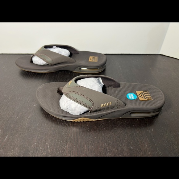 Reef Fanning Flip Flops with Bottle Opener Brown/Green/Gum Mens 10 - Picture 5 of 16